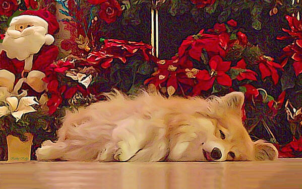Corgi Poster featuring the mixed media Sleepy Holiday Corgi Surrounded by Poinsettias. by Kathy Kelly