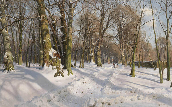19th Century Art Poster featuring the painting Snowy forest road in sunlight by Peder Monsted