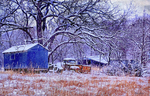 Barns Poster featuring the photograph Snowy Outbuildings and Old Truck by Anna Louise