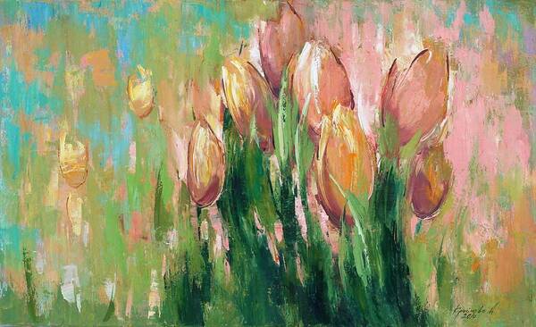 Tulips In The Grass Poster featuring the painting Spring in unison by Anastasija Kraineva