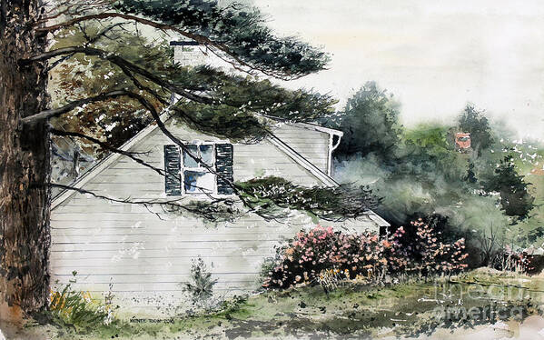 A Beautiful Home With Pine Trees And A Mixture Of Spring Flowers Make For A Peaceful Poster featuring the painting Springtime At Round Pond Maine by Monte Toon