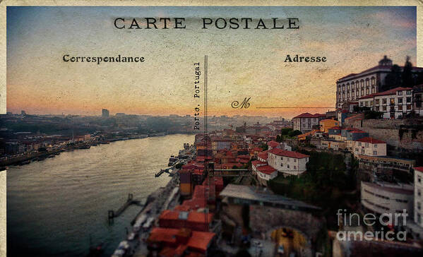 Postcard Poster featuring the digital art sunset view of the Douro river and old part of Porto, Portugal by Ariadna De Raadt