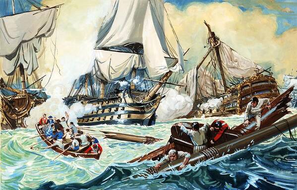 The Battle Of Trafalgar; Ships ;boats; Swimmers Poster featuring the painting The battle of Trafalgar by English School