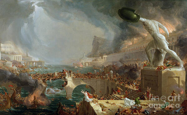 Destroy; Attack; Bloodshed; Soldier; Ruin; Ruins; Shield; Monument; Bridge; Classical Architecture; Galleon; Barbarian; Barbarians; Possibly Fall Of Rome; Hudson River School; Statue Poster featuring the painting The Course of Empire - Destruction by Thomas Cole