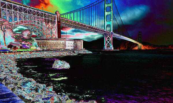 Digital _photo Bay_bridge Golden_gate_bridge Water Poster featuring the photograph The Night Walker by Tom Kelly