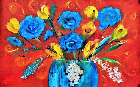 Pop Poster featuring the digital art This is It Pop Floral Orange and Blue Painting By Lisa Kaiser by Lisa Kaiser