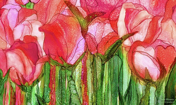 Carol Cavalaris Poster featuring the mixed media Tulip Bloomies 3 - Red by Carol Cavalaris