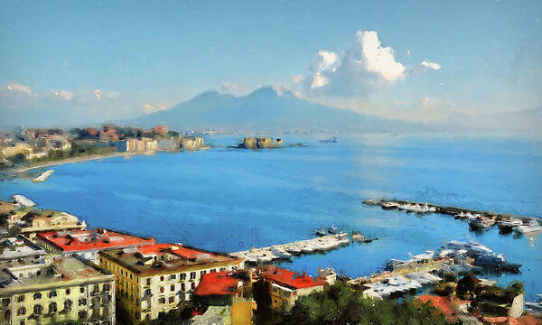 Gulf Of Naples Poster featuring the painting Vesuvio, panorama from Naples - 02 by AM FineArtPrints