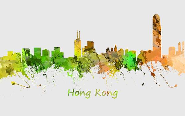 Hong Kong; City Skyline; Watercolour; Watercolour; Urban; Silhouette; Cityscape; Skyline; Digital Art; Home Dcor; Fine Art; Serene; Canvas; Colourful; Art; Prints; Buy Poster featuring the painting Watercolor Skyline of Hong Kong by Chris Smith