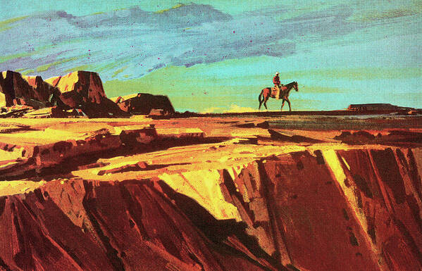 Adventure Poster featuring the drawing Cowboy and Horse on Cliff #1 by CSA Images