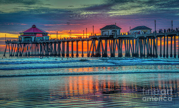 Huntington Beach Poster featuring the photograph Huntington Beach Pier Sunset by David Zanzinger
