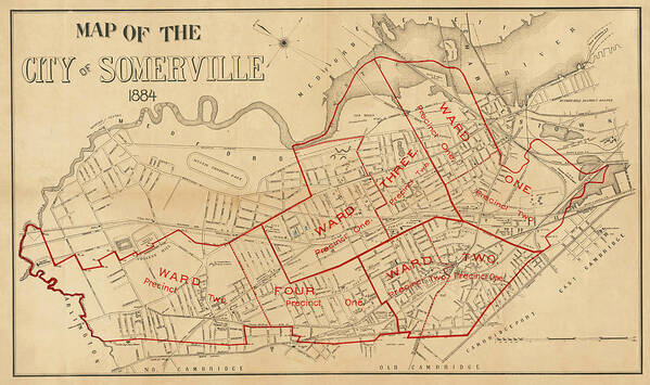 Somerville Poster featuring the digital art 1884 City of Somerville MA Ward Map by Toby McGuire