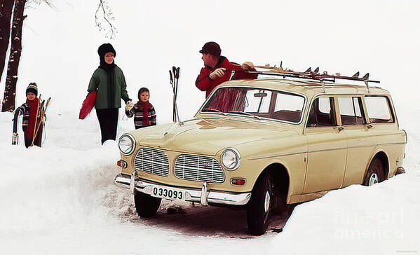 Vintage Poster featuring the photograph 1965 Volvo Station Wagon With Family Of Skiers by Retrographs