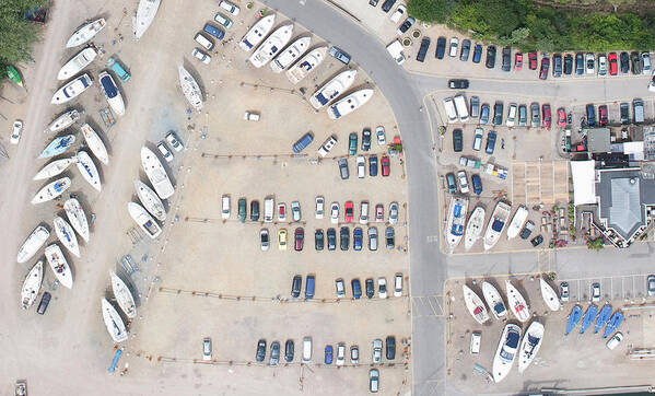 Parking Lot Poster featuring the photograph Aerial View Of Dock And Parking Lot by Floresco Productions