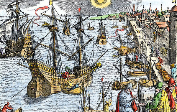 Boat Poster featuring the drawing Boat In The Very Active Port Of Lisbon, Portugal, Around 1600 Colouring Engraving Of The 19th Century by American School