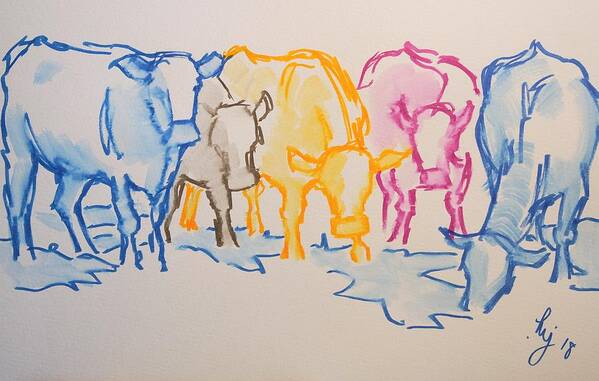 Cows Poster featuring the drawing Five cows five colors watercolor line drawing by Mike Jory