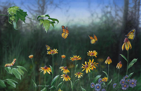 Butterfly Poster featuring the painting Flight of a Monarch Butterfly by Anthony J Padgett
