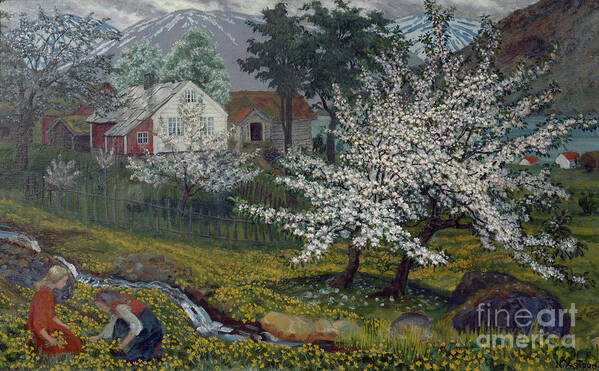 Nikolai Astrup Poster featuring the painting Flowering apple tree by O Vaering by Nikolai Astrup