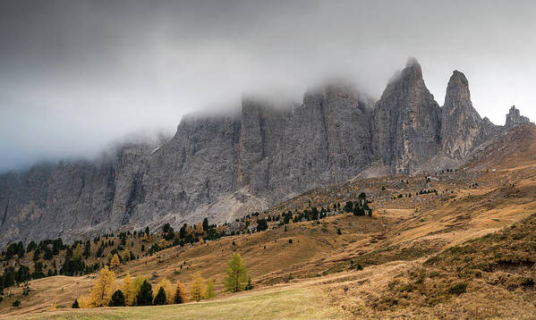 Mood Poster featuring the photograph Foggy mountain landscape of the picturesque Dolomites mountains by Michalakis Ppalis