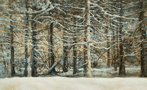 Winter Forest Poster featuring the painting Forest Front in Winter by Hans Egil Saele