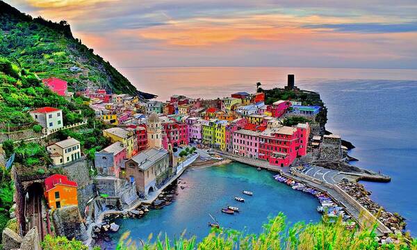 Vernazza Poster featuring the photograph Glorious Sunrise behind Vernazza by Frozen in Time Fine Art Photography