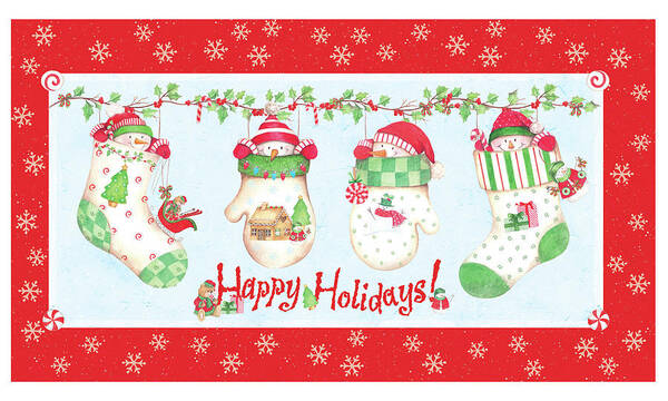 Snowmen In Mittens And Stockings Poster featuring the painting Happy Holidays! by Maria Trad