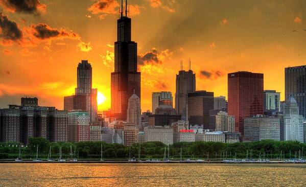Tranquility Poster featuring the photograph Hdr Chicago Skyline Sunset by Jeffrey Barry