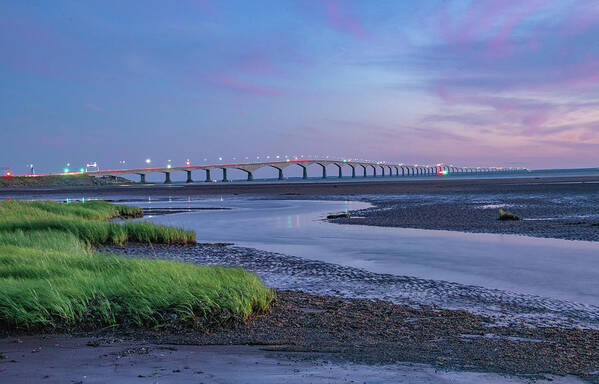 Pei Poster featuring the photograph Blue Hour Lighting It Up At Confederation Bridge by Marcy Wielfaert