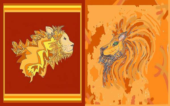 Lion Poster featuring the drawing Lion Pair hot by Julia Woodman