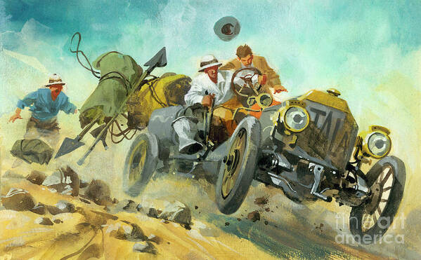 Blue Poster featuring the painting Off roading during a Ten thousand mile motor race by Ferdinando Tacconi