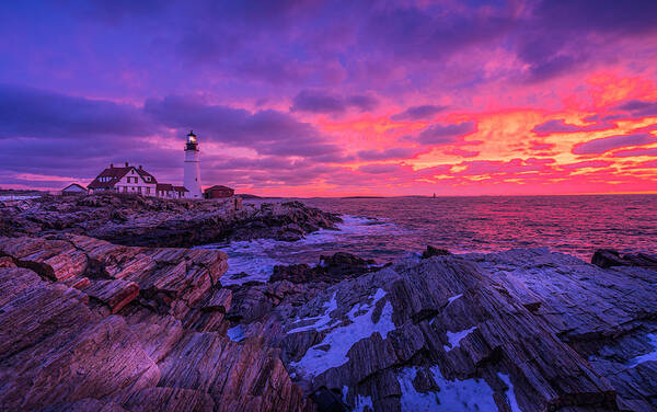 Sunrise Poster featuring the photograph Portland Head Lighthouse At Sunrise by Eileen