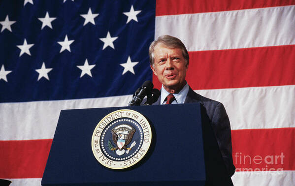 Mature Adult Poster featuring the photograph President Jimmy Carter Giving A Speech by Bettmann