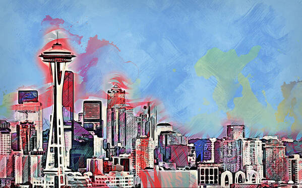 Seattle Poster featuring the painting Seattle Skyline - 03 by AM FineArtPrints