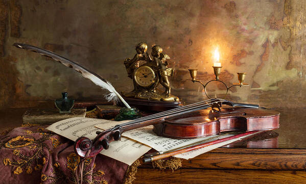Music Poster featuring the photograph Still Life With Violin And Clock by Andrey Morozov