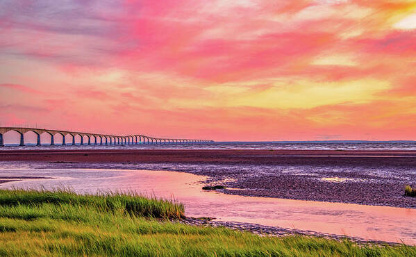 Pei Poster featuring the photograph Summer Sunset at Confederation Bridge, Painterly by Marcy Wielfaert