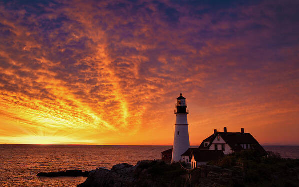 Atlantic Poster featuring the photograph Super Sunrise at Portland Lighthouse by Jerry Fornarotto