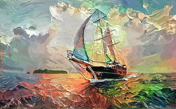Tall Ship Poster featuring the photograph Tall Ship Sails Toward Shore Abstract Painted Digitally by Sandi OReilly