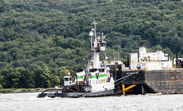 This Is A Photo Of The Magothy Tug Pushing A Barge Down The Hudson River Passing West Point Military Academy Poster featuring the photograph The Magothy Tug by Bill Rogers