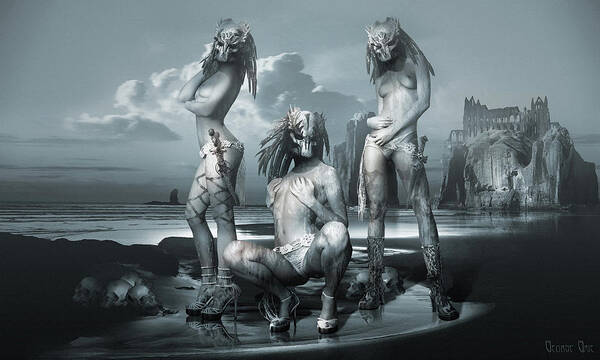 Surrealism Art Gothic Neosurrealism Goth Fantasy Landscape Artist Digital 3d Photography Matte Painting Computer Poster featuring the digital art The three graces Gods and heroes series by George Grie