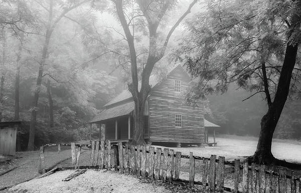 Cades Cove Poster featuring the photograph The Tipton Place on a Foggy Morning, Black and White by Marcy Wielfaert