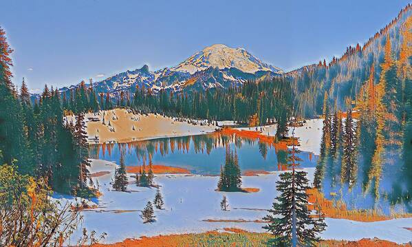 Mt. Rainier Poster featuring the digital art Tipsoo Lake by Jerry Cahill