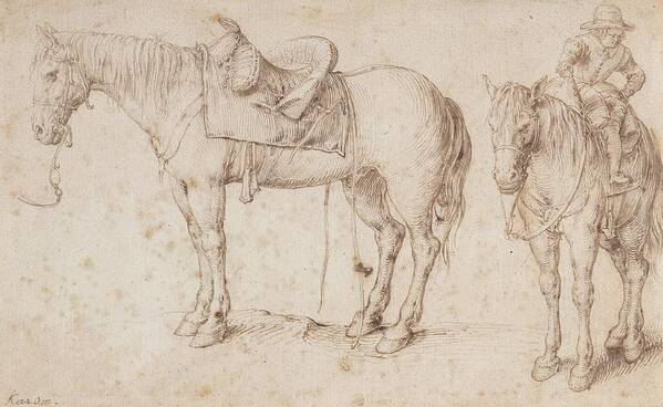 Sketch Poster featuring the drawing Two Studies Of A Saddled Horse And Of A Horse With A Boy by Jacob De Gheyn Ii