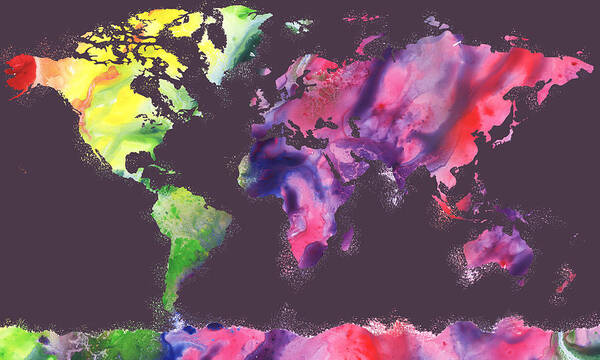 World Poster featuring the painting Watercolor Silhouette World Map Colorful PNG XIV by Irina Sztukowski