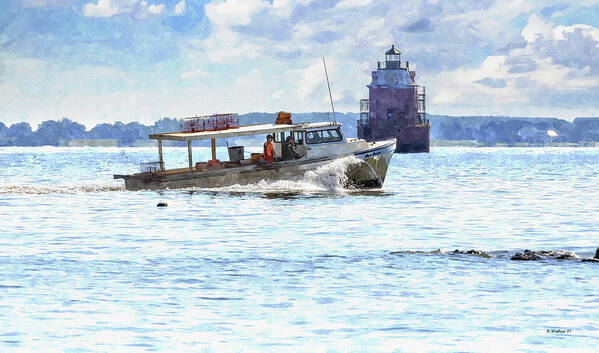 2d Poster featuring the digital art Workboat And Sandy Pt Shoal Lighthouse Watercolor FX by Brian Wallace