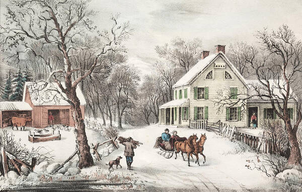 History Poster featuring the drawing American Homestead, Winter #1 by Currier and Ives