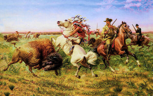 Western Poster featuring the painting Great Royal Buffalo Hunt #1 by Louis Maurer