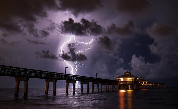 Lightning Poster featuring the digital art Lightning Strike at Fort Myers Beach Pier #1 by Andrew West