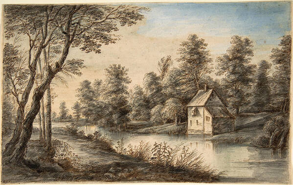 Lucas Van Uden Poster featuring the drawing Wooded Landscape with a House beside a River #2 by Lucas van Uden