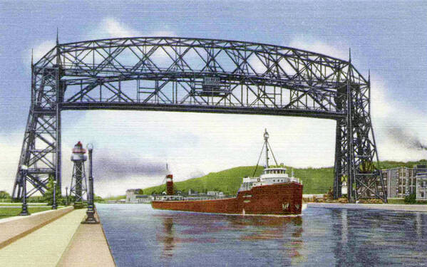 Duluth Poster featuring the photograph Aerial Lift Bridge with Freighter by Zenith City Press