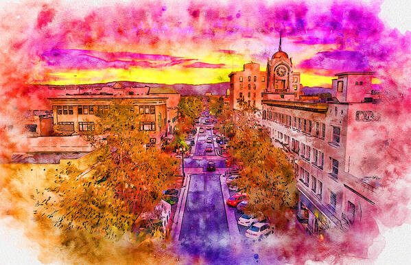 W 4th Street Poster featuring the digital art Aerial view of W 4th Street in downtown Santa Ana - pen and watercolor by Nicko Prints